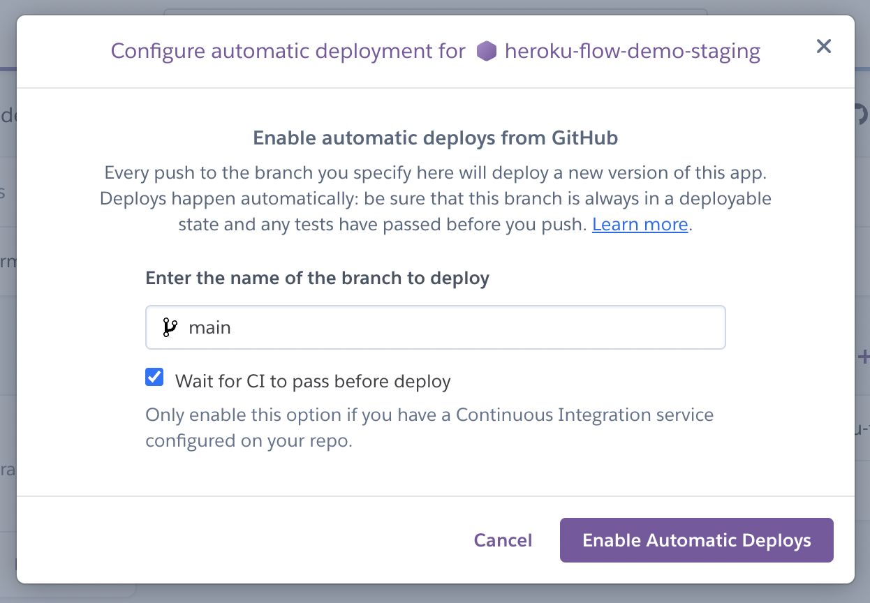 Deploy the main branch to the staging app after CI passes