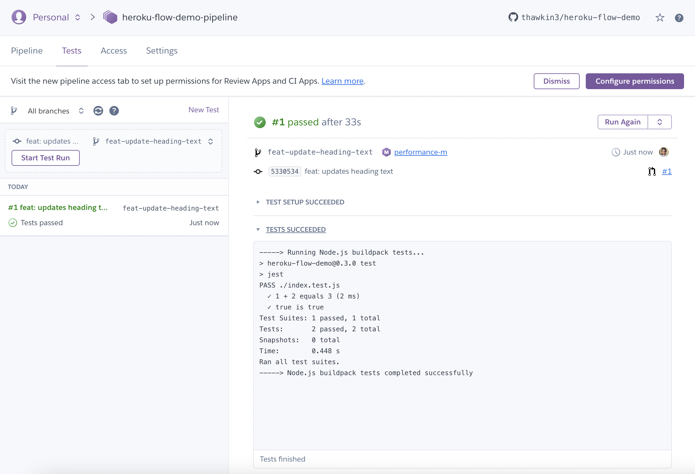 CI pipeline test output