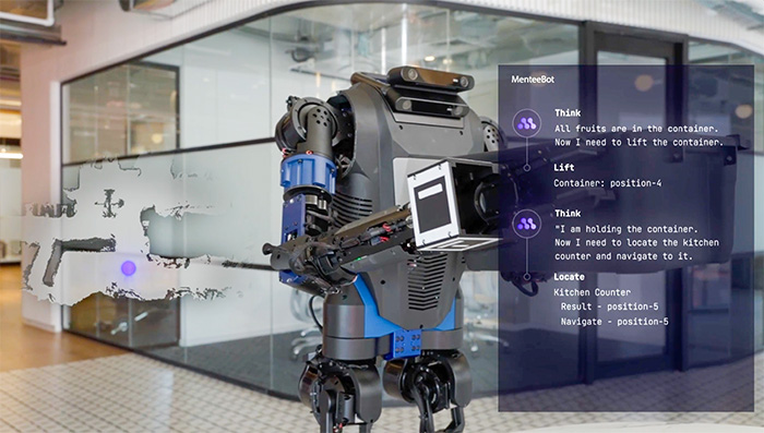 mentee humanoid robot with commands listed.