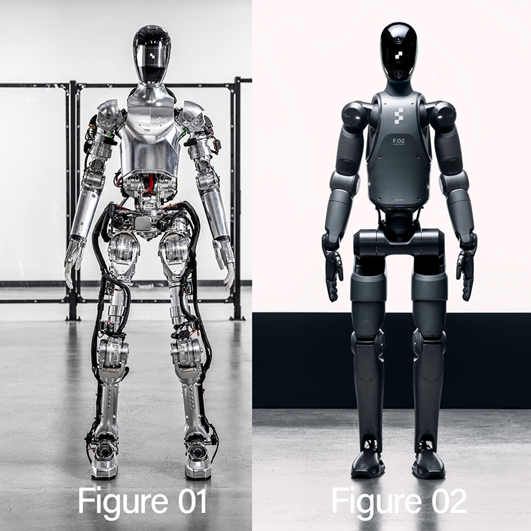 Figure 01 stands next to its newest sibling, the Figure 02 humanoid.