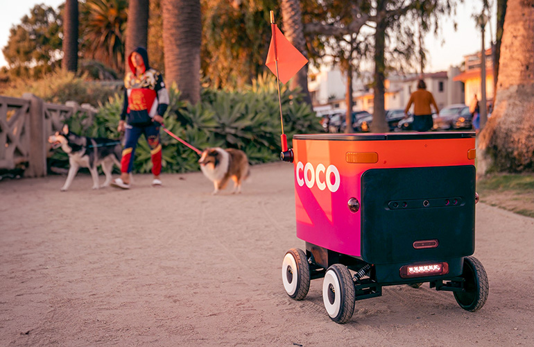 Coco mobile robot drives past a pedestrian walking dogs.