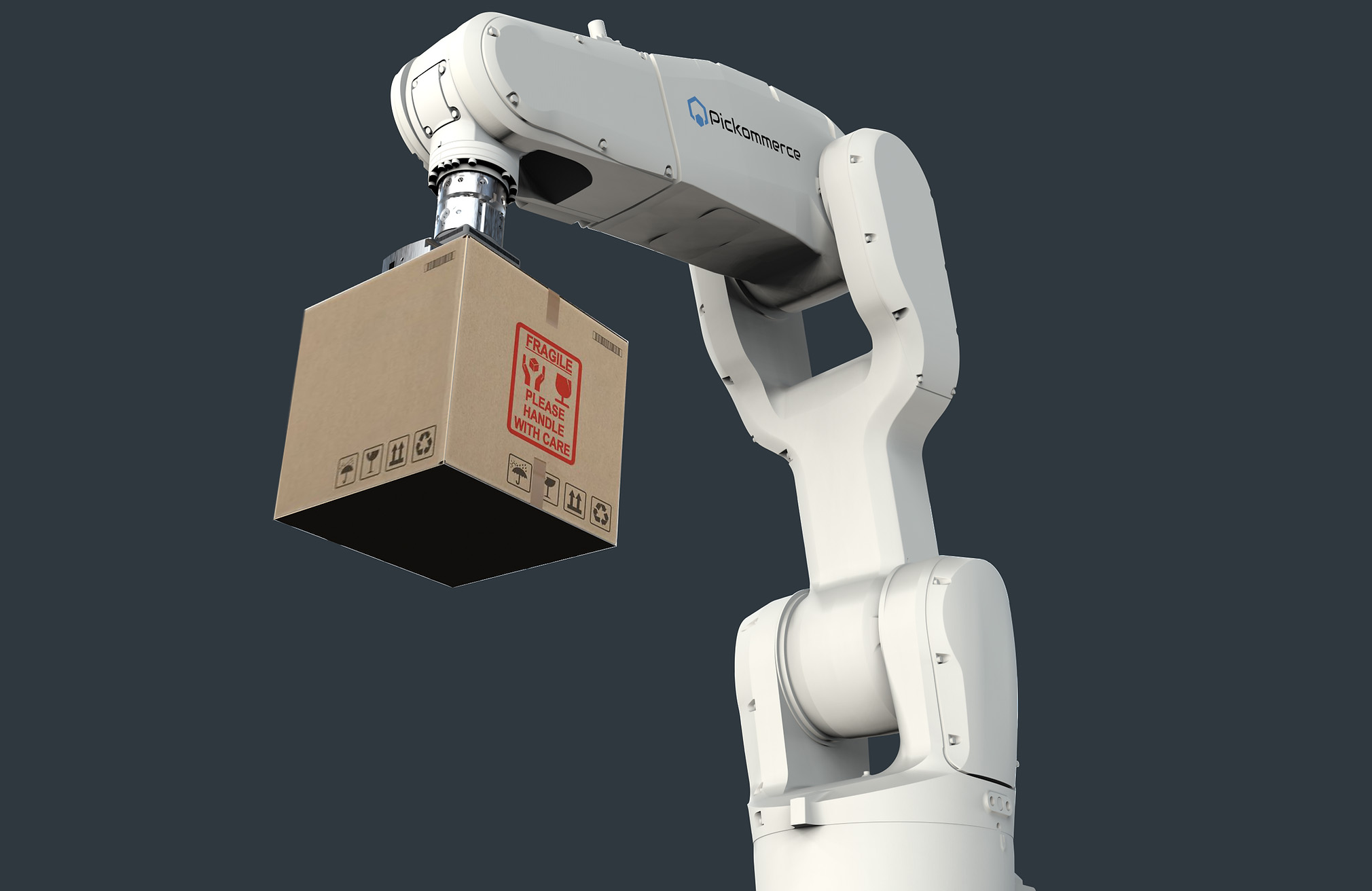 A white Pickommerce collaborative robotic arm picking up a box against a blue background.