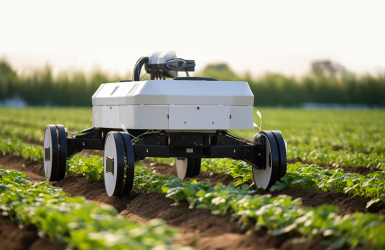 mobile robot drives over crops in a field.