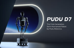 Pudu Robotics' new semi-humanoid robot, it features a robotic torso with two arms, and a wheeled base.