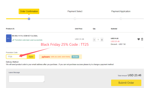 This page confirms what you ordered and lets you enter the code TT25 for savings.