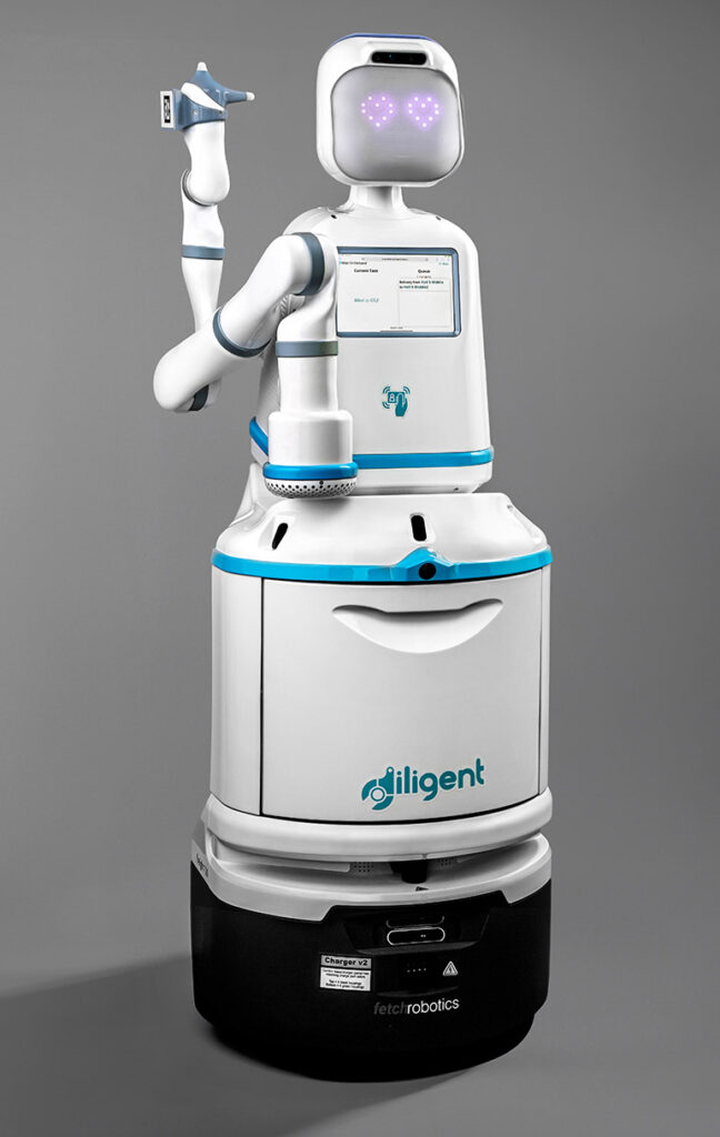 Diligent Robotics Moxi robot with idle screen.