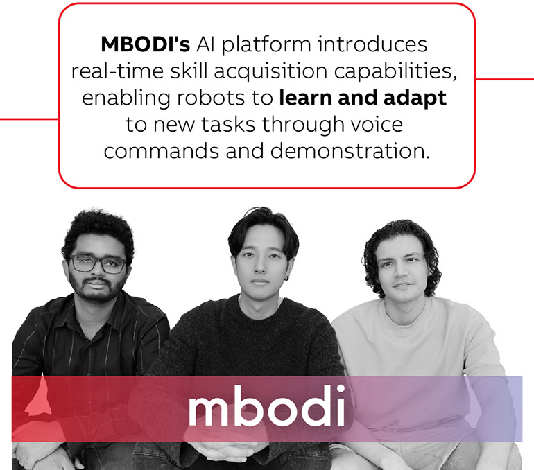 Mbodi, whose team is shown here, is develooping AI to enable robots to acquire skills in real time.