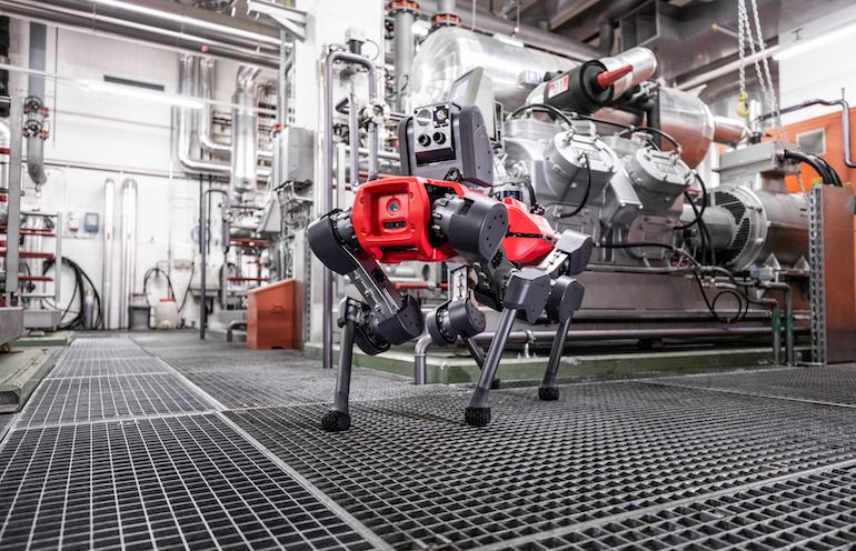 The ANYmal quadruped robot can autonomously inspect in industrial facilities such as this factory.