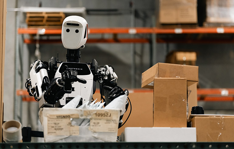 GXO is testing the Apptronik Apollo humanoid, shown here handling envelopes.