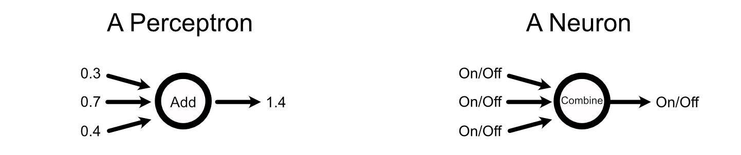 Perceptrons output a continuous range of numbers, while Neurons either fire or they don't.