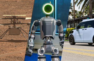 2024 robotics trends; from left to right: NASA's Ingenuity Helicopter, Boston Dynamics' Atlas humanoid, and Waymo's latest autonomous vehicle.